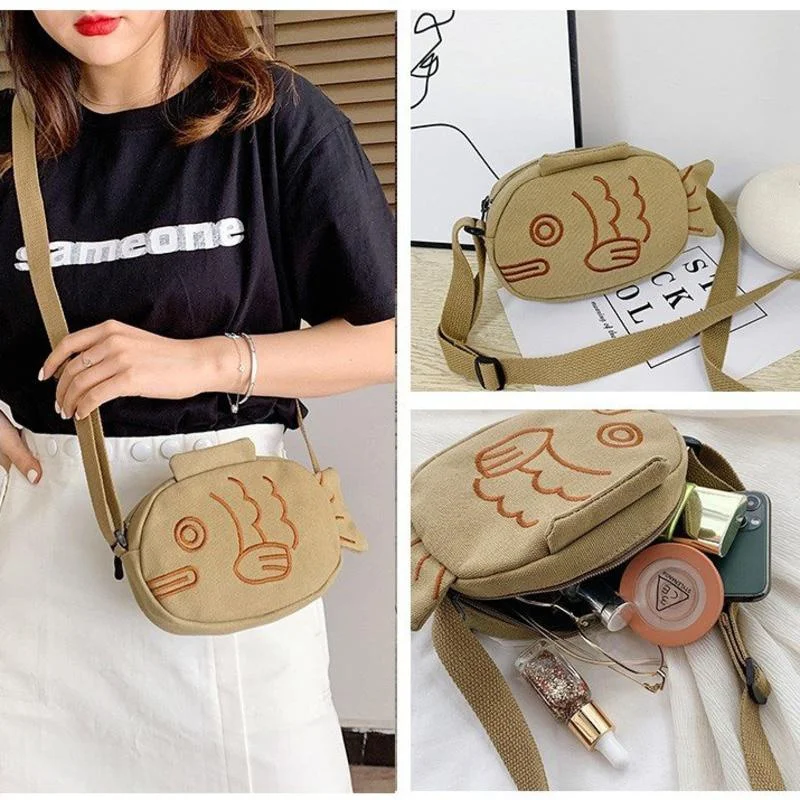 Armas Lõuend Messenger Bag Jaapani Stiilis Tikandid Kala Kuju Portable Lukuga Väike Rahakotid Käekotid Mini Crossbody Kott Pilt 2