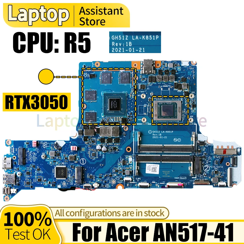 Eest ACER AN517-41 Sülearvuti Emaplaadi LA-K851P NBQBA11001 R5 CPU RTX3050 GPU Sülearvuti Emaplaadi Pilt 0