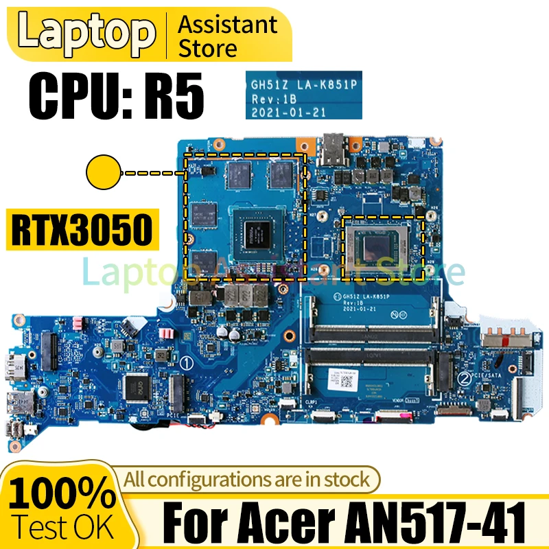 Eest ACER AN517-41 Sülearvuti Emaplaadi LA-K851P NBQBA11001 R5 CPU RTX3050 GPU Sülearvuti Emaplaadi Pilt 1