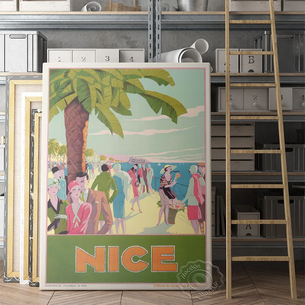 Nizza On Prantsuse Riviera Reisi Plakat, Maailma Turism Mereäärne Maastik Rahvahulgad Lõuendile Maali, Vintage Art Home Decor Suveniiride Idee Pilt 0