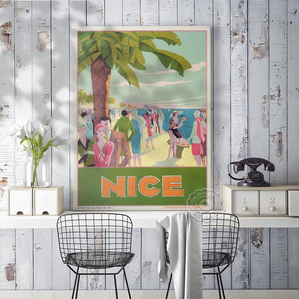 Nizza On Prantsuse Riviera Reisi Plakat, Maailma Turism Mereäärne Maastik Rahvahulgad Lõuendile Maali, Vintage Art Home Decor Suveniiride Idee Pilt 4