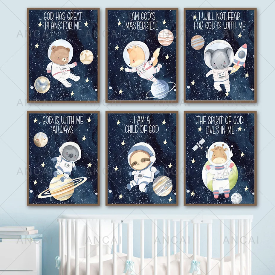 Ruumi Planeedi Raketi Astronaut Loomade Rebane, Karu, Elevant Printida Lõuendile Maali Nordic Plakat Seina Pilte Kids Room Dekoratsioon Pilt 0