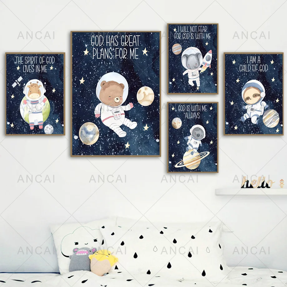 Ruumi Planeedi Raketi Astronaut Loomade Rebane, Karu, Elevant Printida Lõuendile Maali Nordic Plakat Seina Pilte Kids Room Dekoratsioon Pilt 1