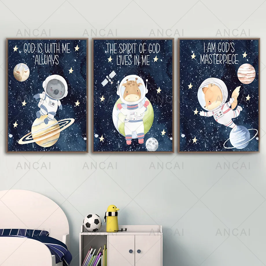 Ruumi Planeedi Raketi Astronaut Loomade Rebane, Karu, Elevant Printida Lõuendile Maali Nordic Plakat Seina Pilte Kids Room Dekoratsioon Pilt 2